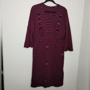 Eshakti Burgundy Embroidered Long Sleeve Dress Women's Size 16